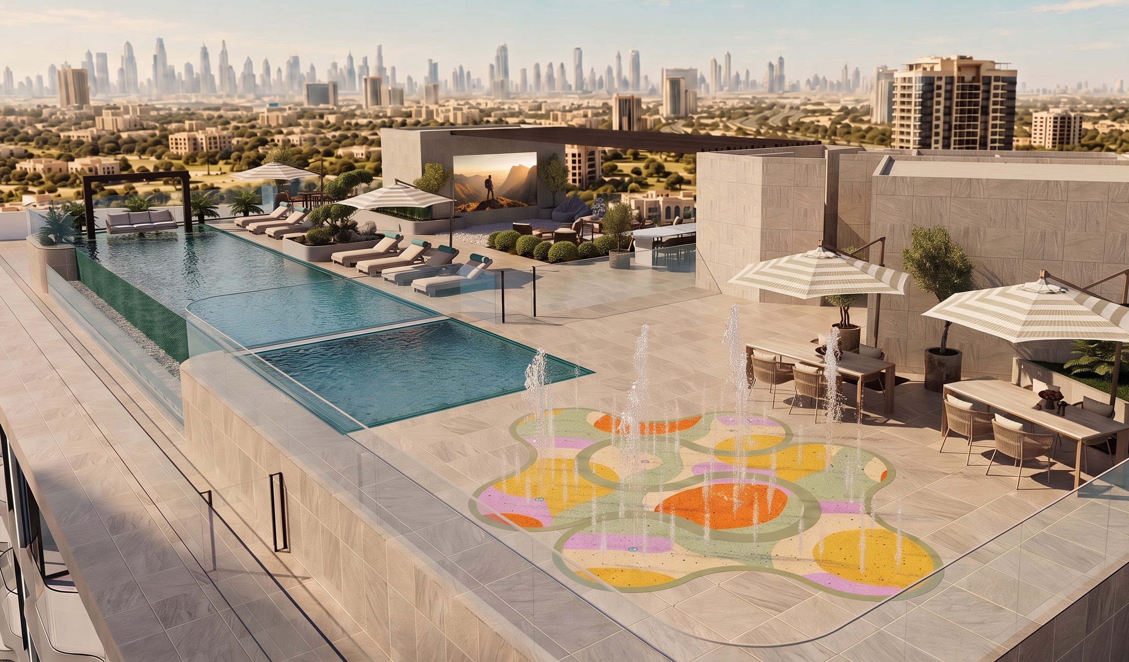 Rooftop infinity pool and splash pad with the Dubai skyline beyond
