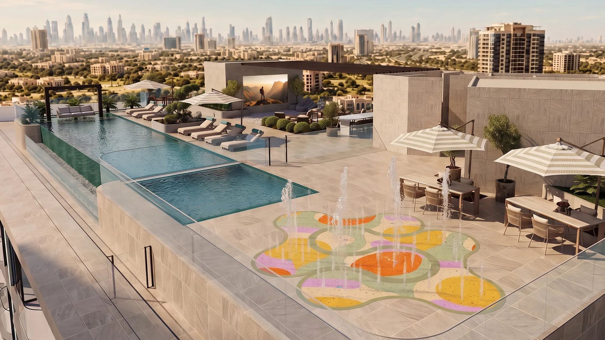 Rooftop infinity pool and splash pad with the Dubai skyline beyond