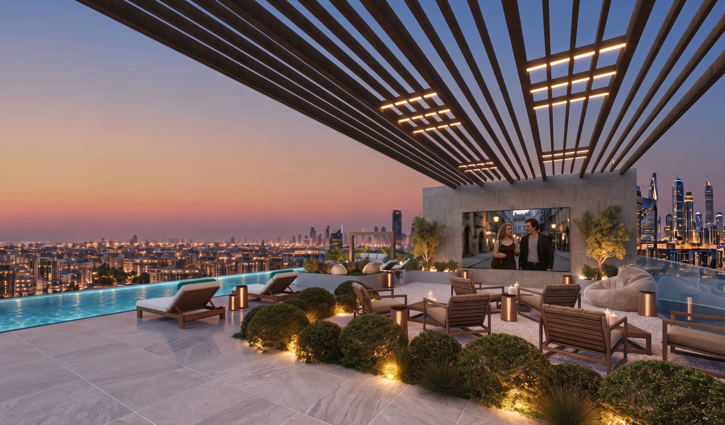 Rooftop open-air cinema with lounge chairs beside the pool at dusk