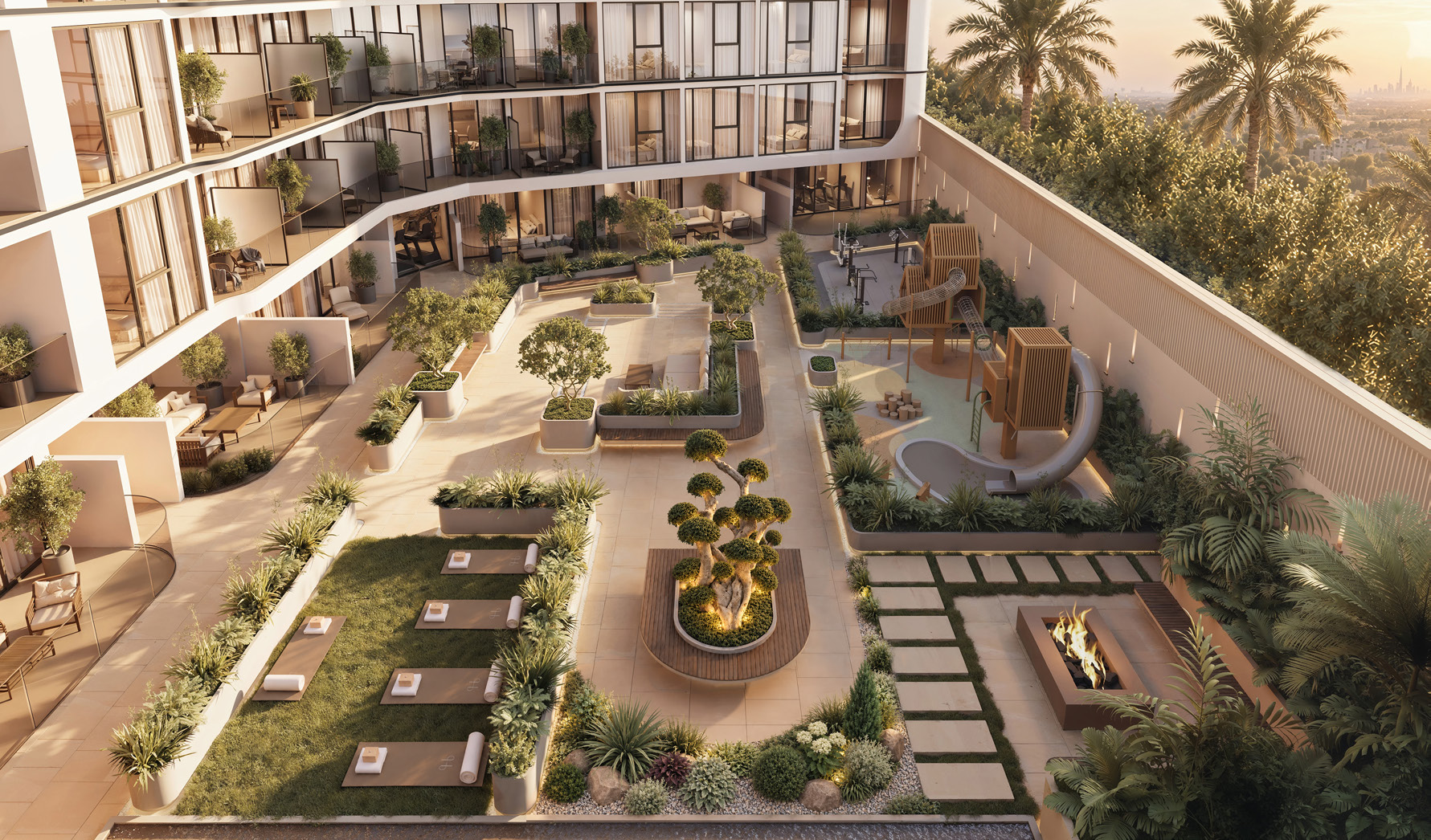Podium garden with yoga lawn, play area, outdoor gym and fire pit