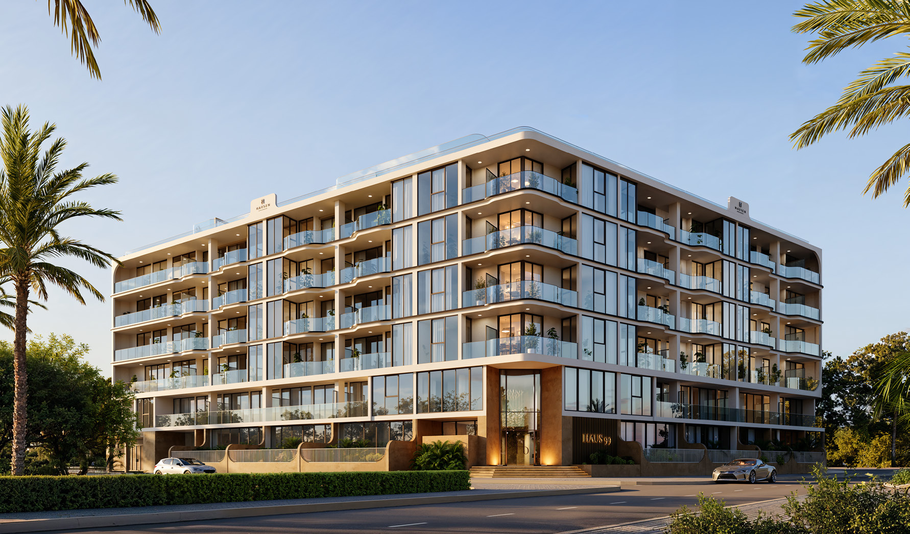 Six-storey building with curved glass balconies and palm trees at sunset