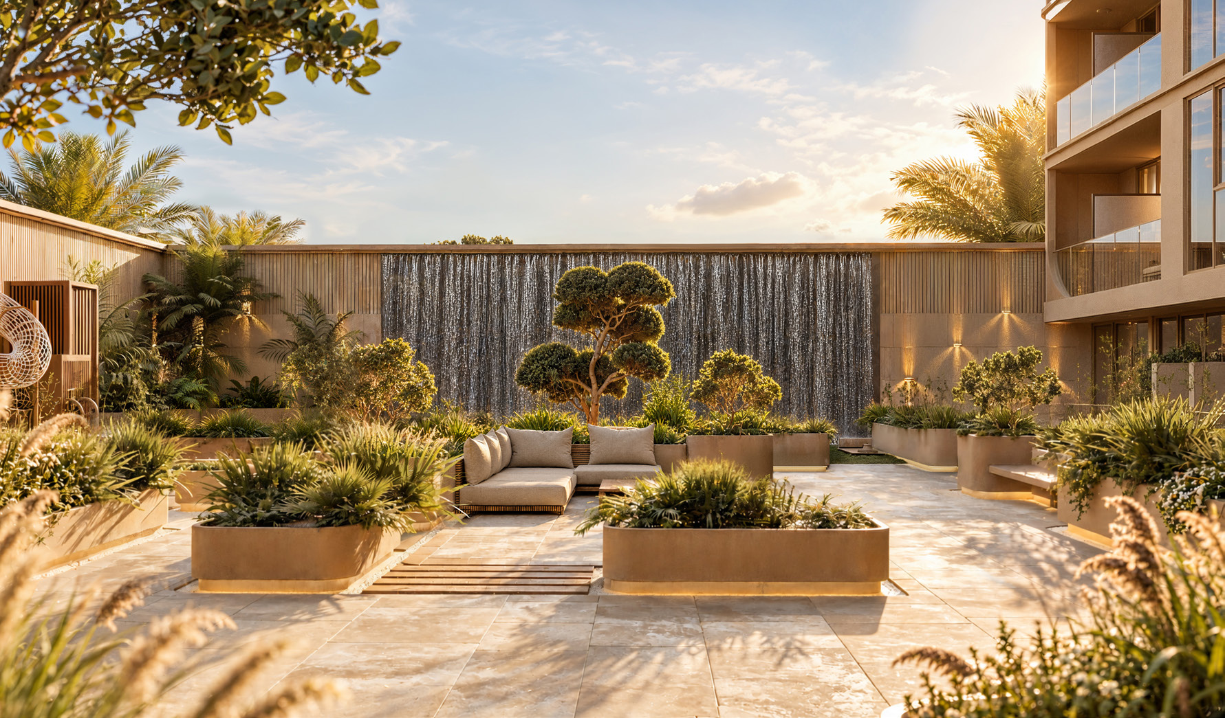 Podium garden with water wall, planters and lounge seating at sunset