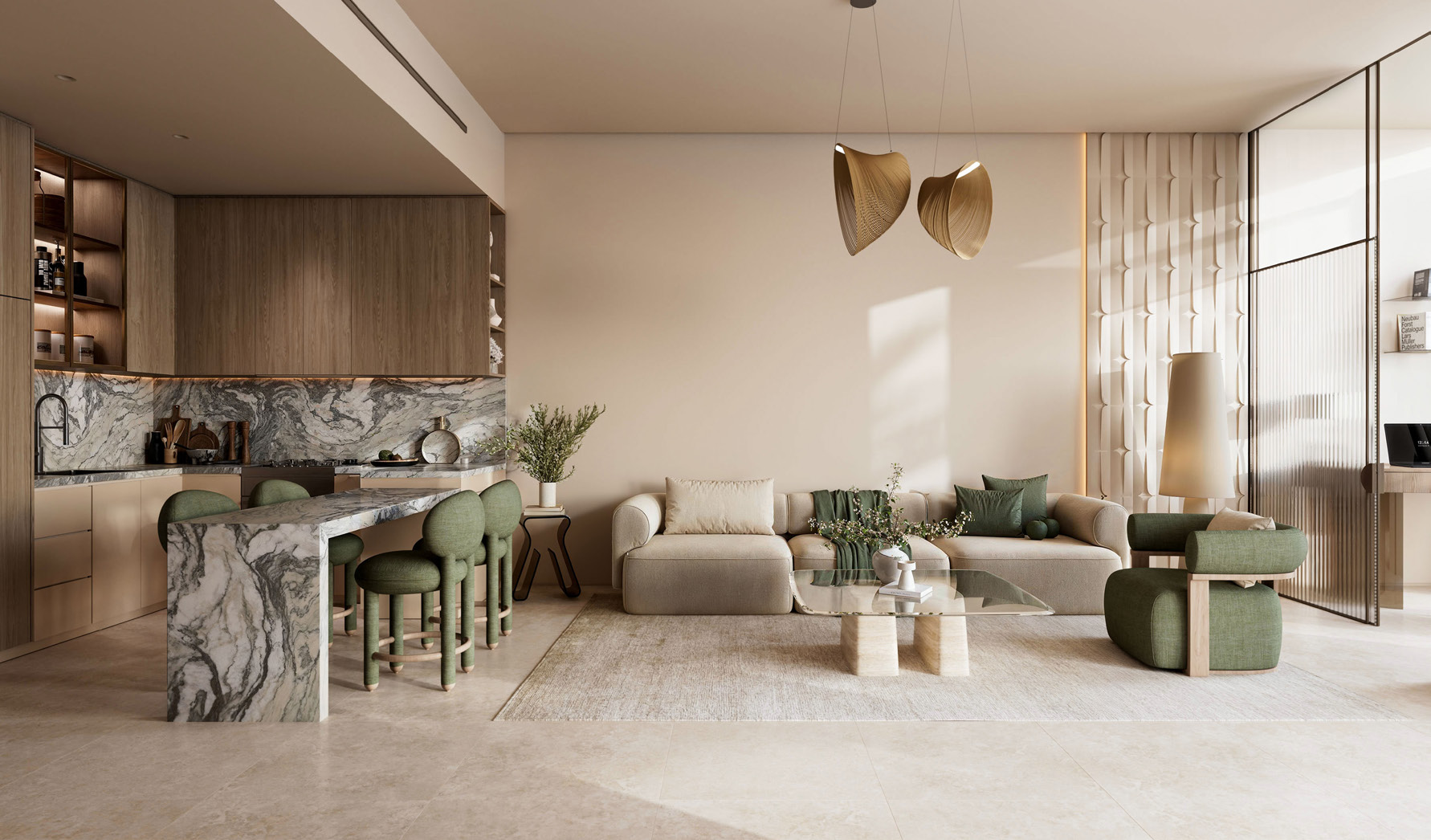 Living room with marble breakfast bar, green stools and a soft sofa