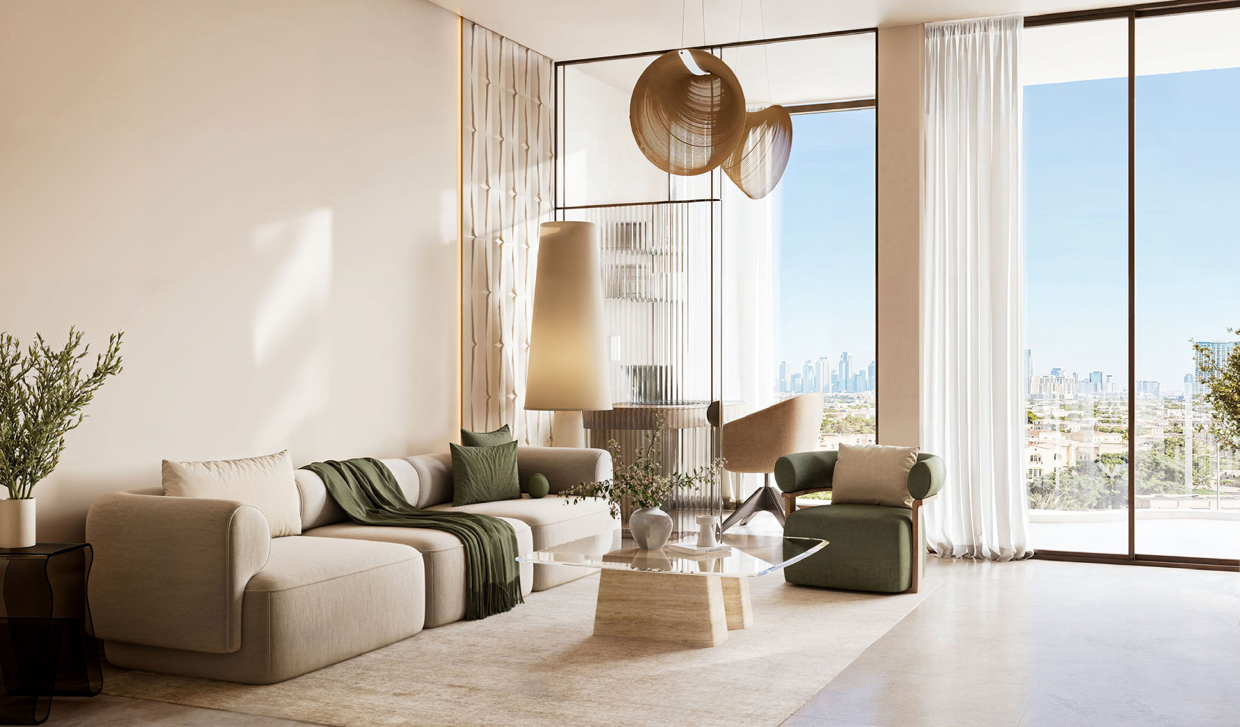 Lounge with tall windows, sheer curtains and a view over the city