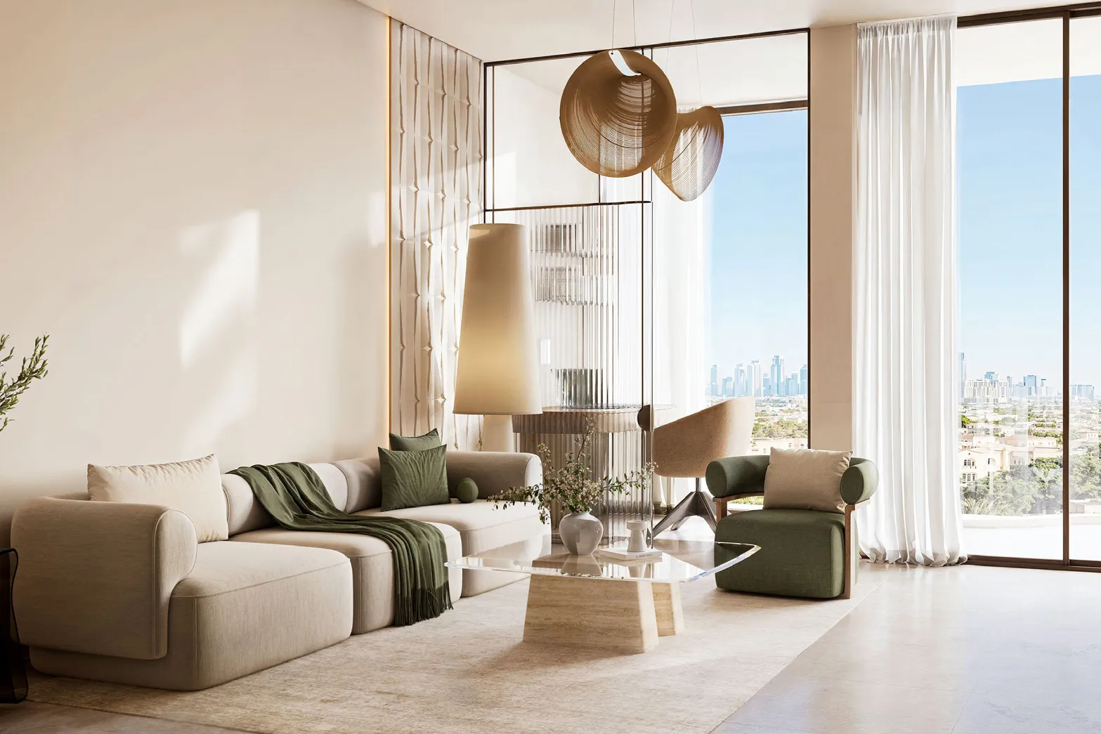 Lounge with tall windows, sheer curtains and a view over the city