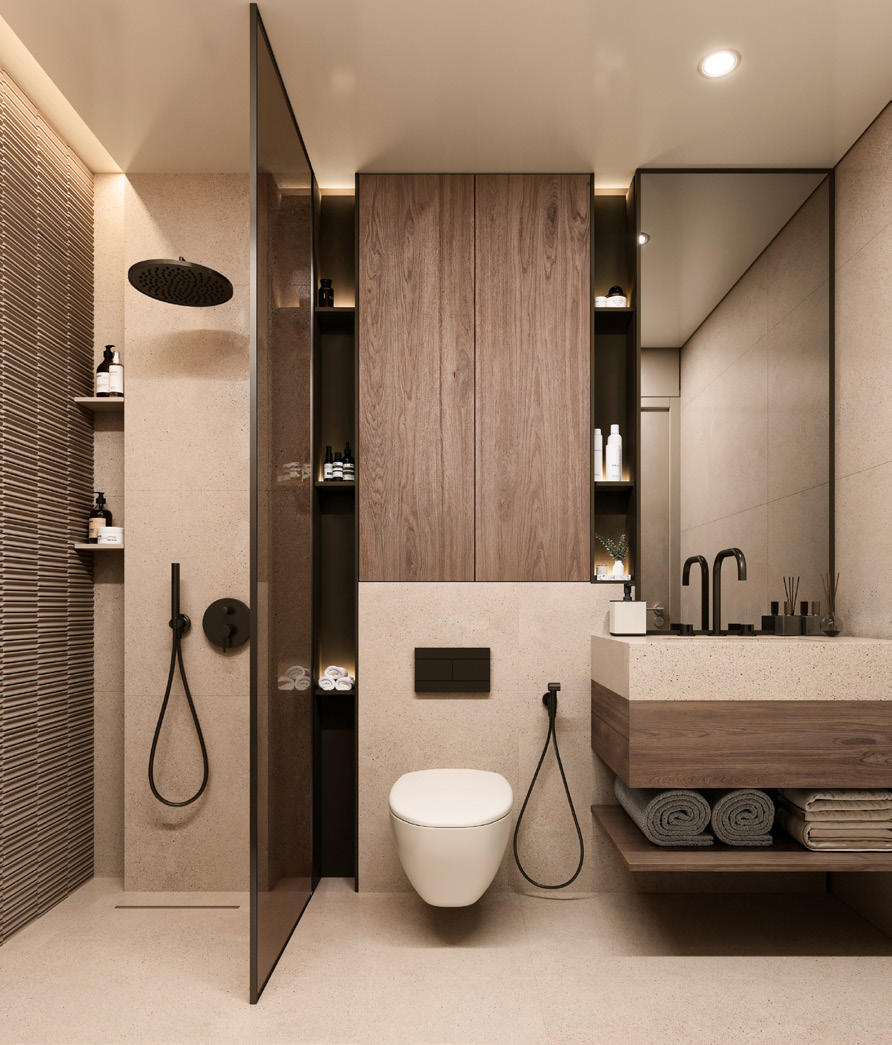 Bathroom with walnut cabinetry, stone basin and walk-in shower