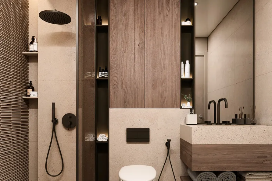Bathroom with walnut cabinetry, stone basin and walk-in shower