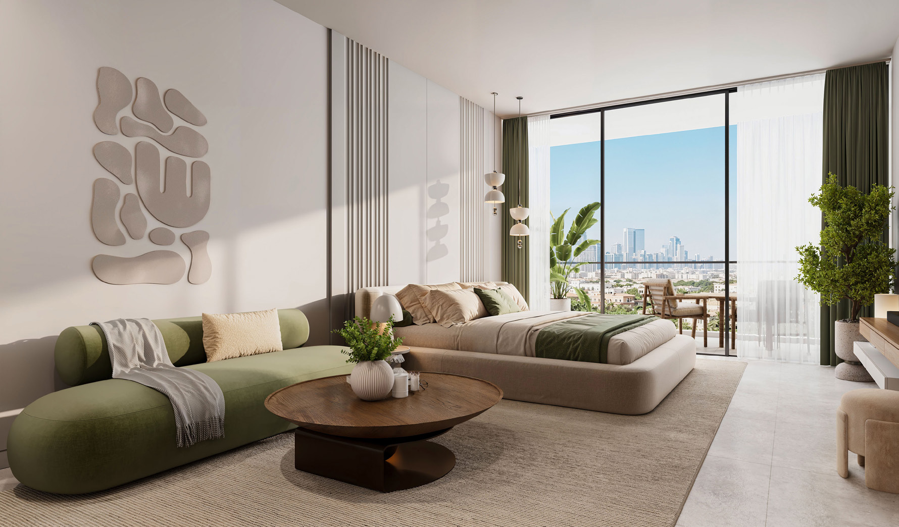 Studio with a green sofa, bed and floor-to-ceiling window