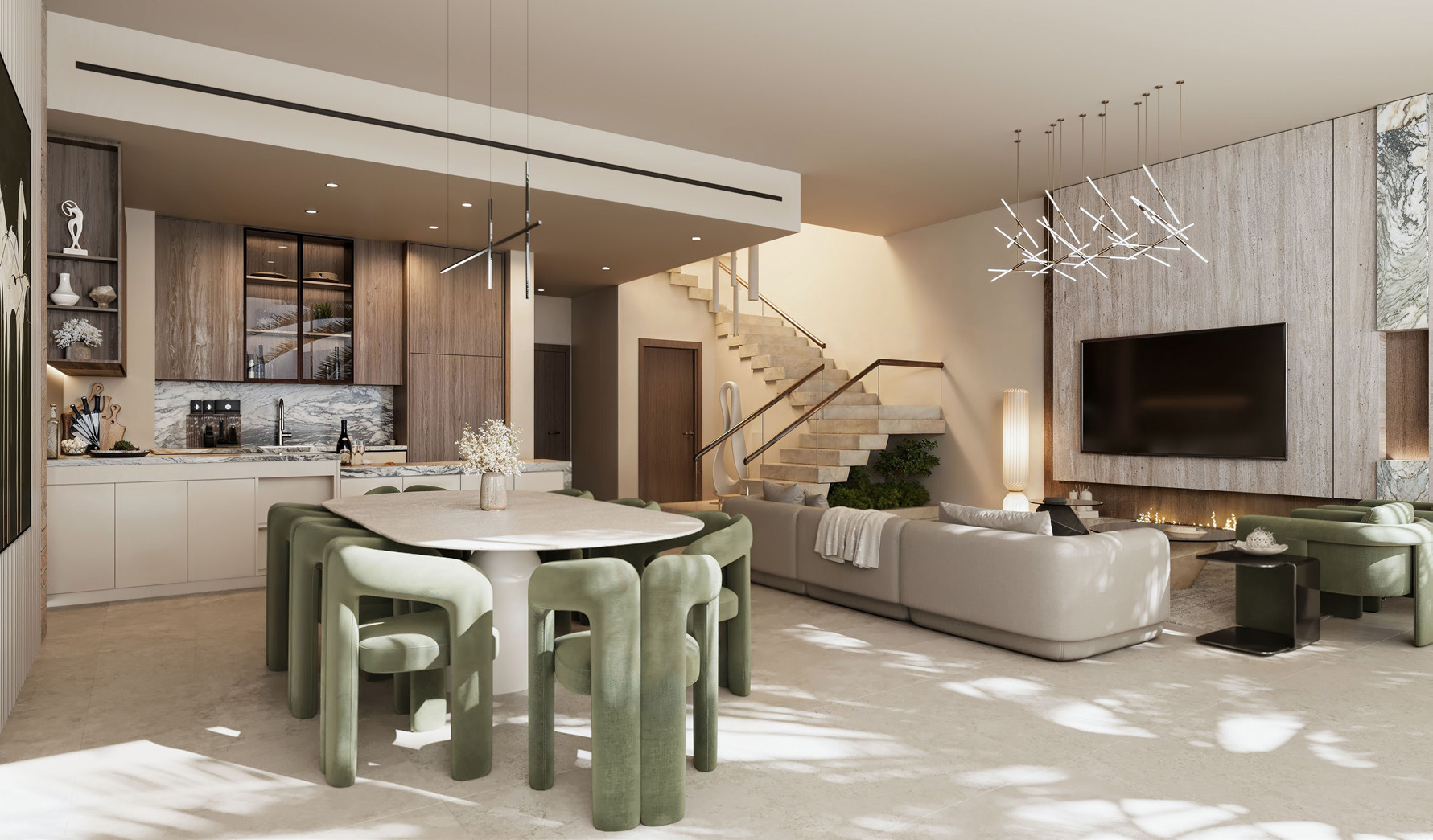 Townhouse living and dining space with a floating stone staircase