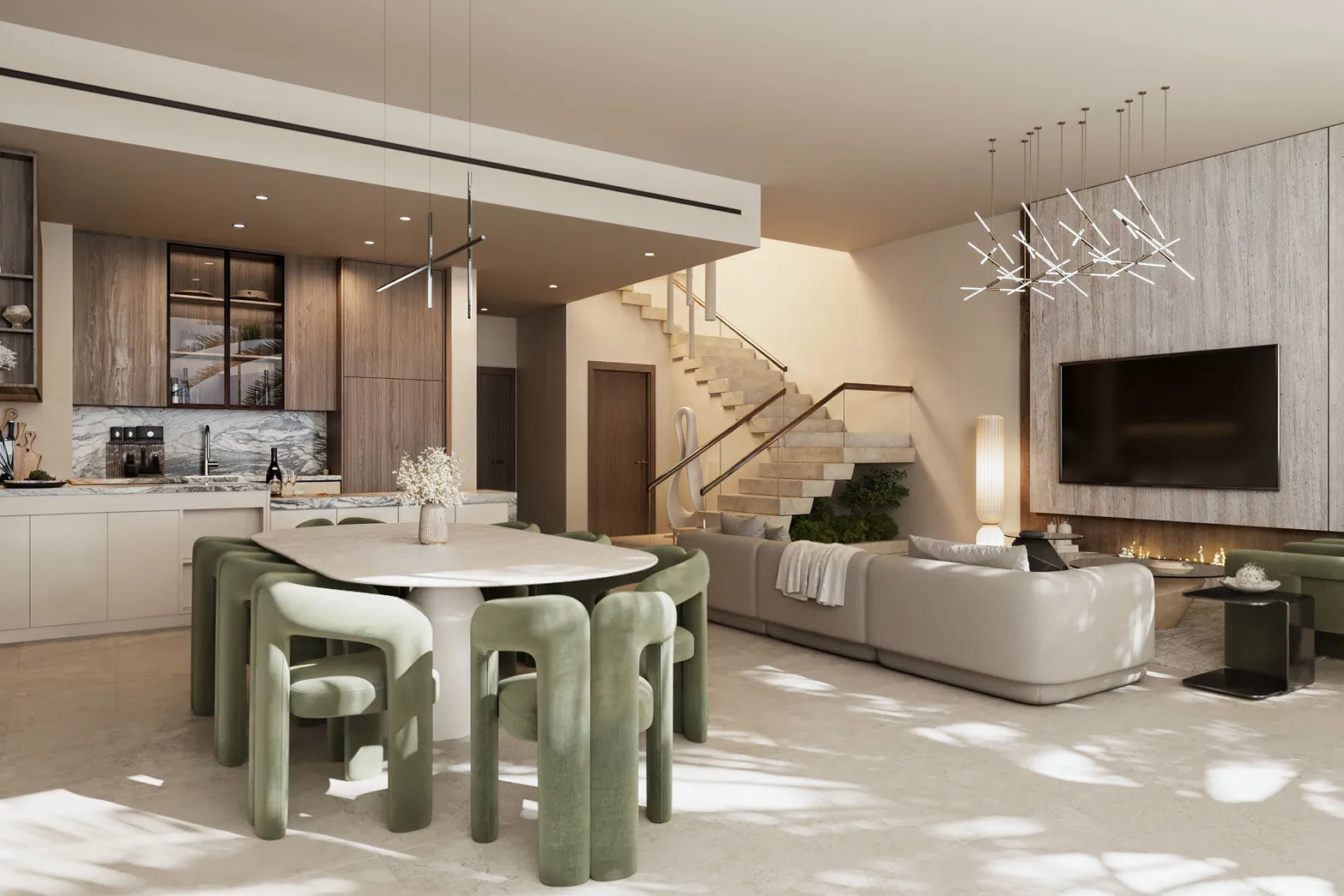 Townhouse living and dining space with a floating stone staircase