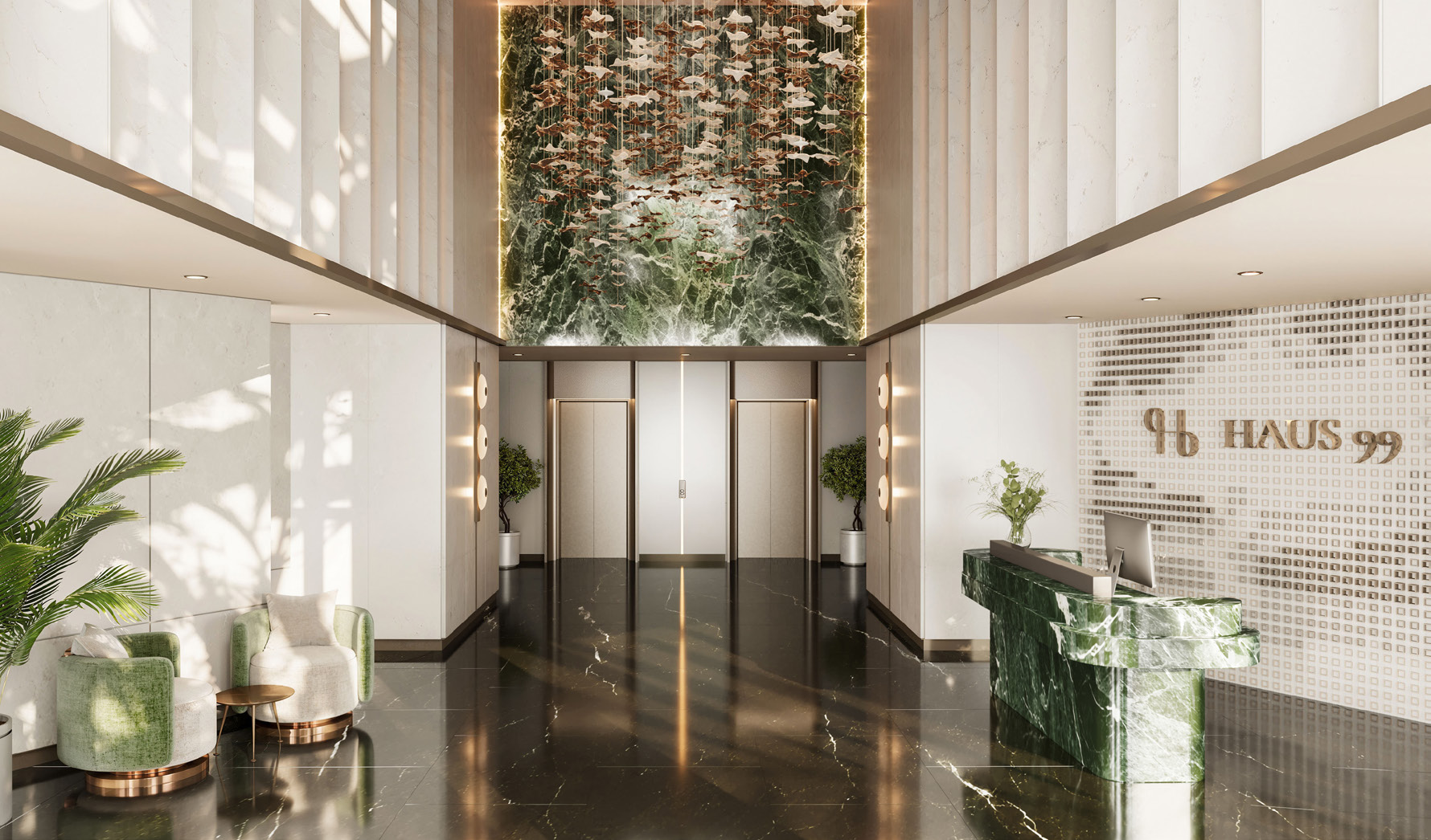 Lobby with green marble reception desk and a hanging sculpture