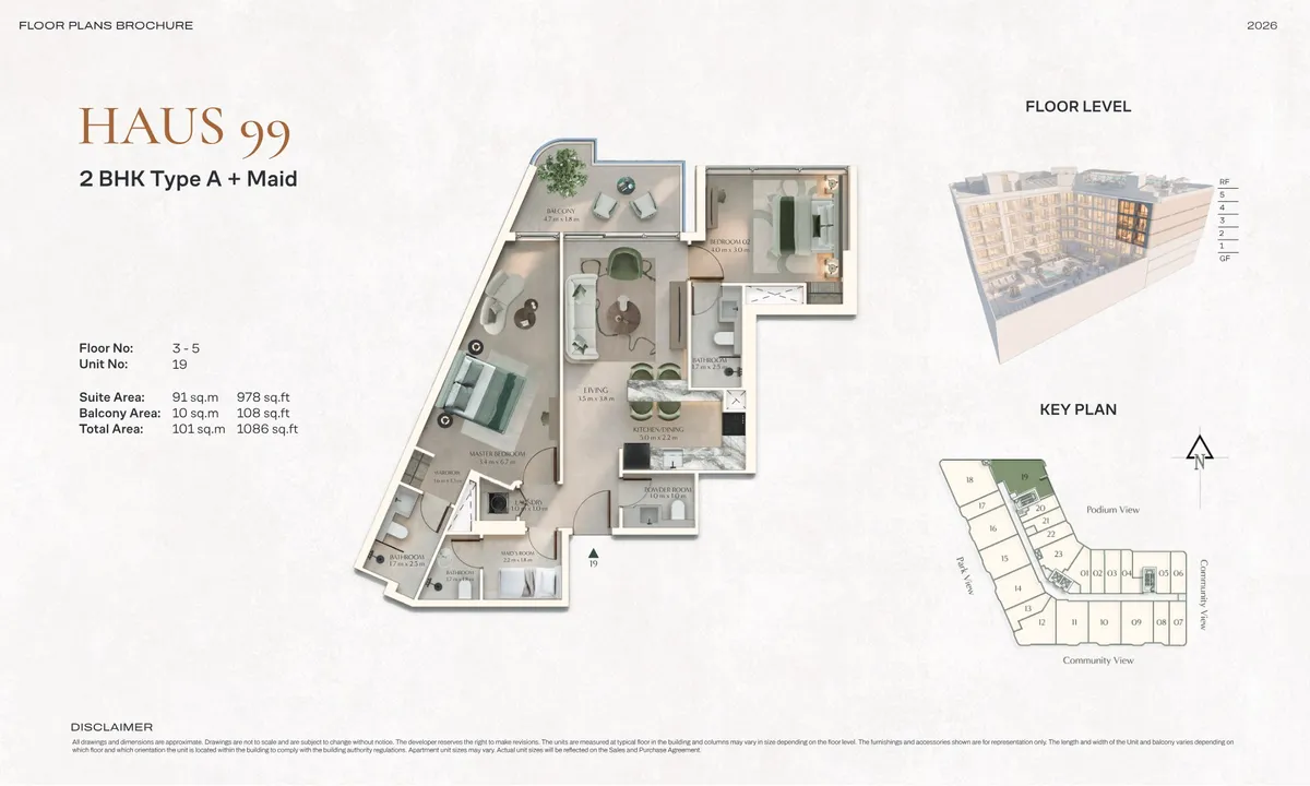 Floor plans: 2 bedrooms, with a maid's room
