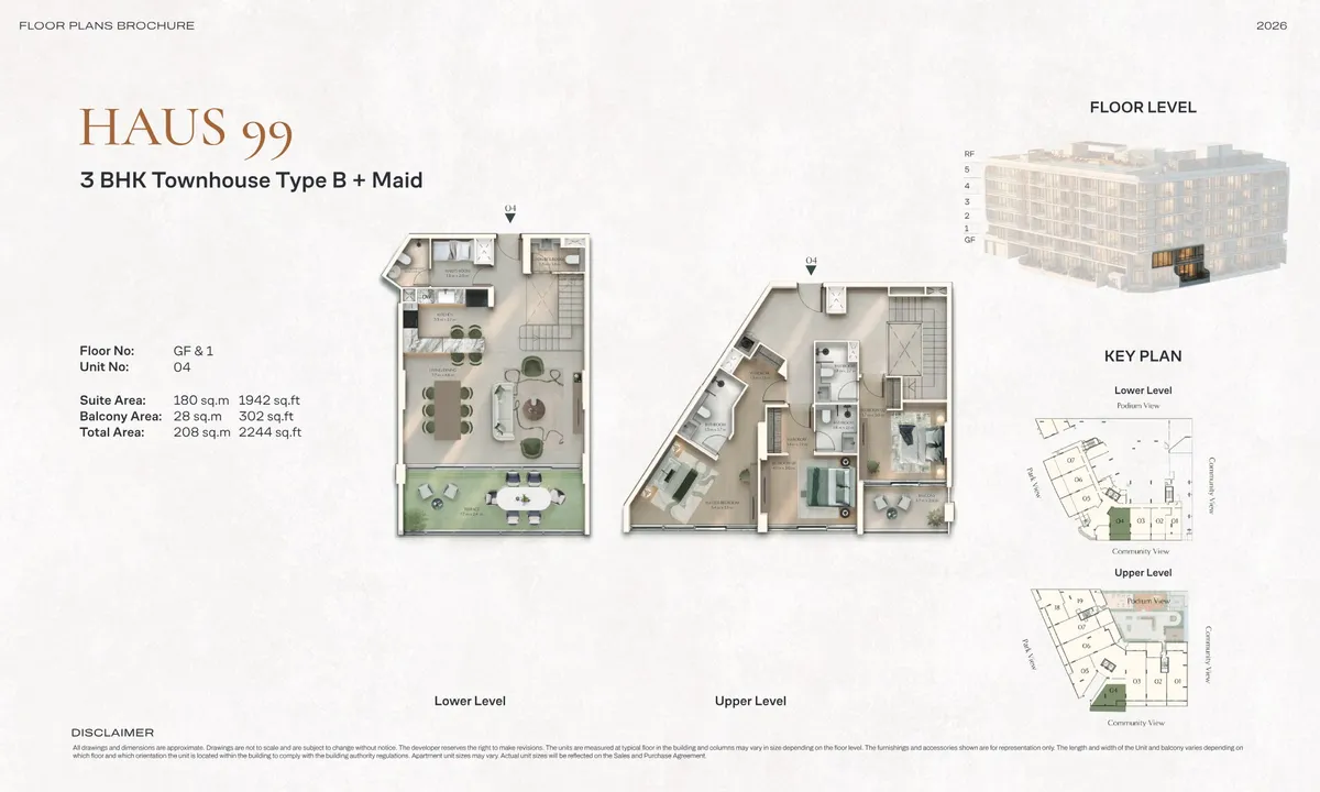 Floor plans: 3-bedroom townhouse, with a maid's room