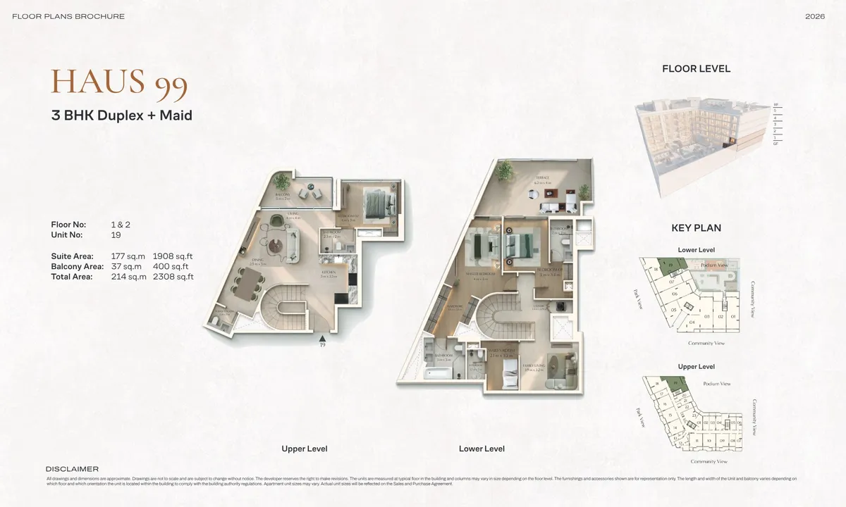 Floor plans: 3-bedroom duplex, with a maid's room